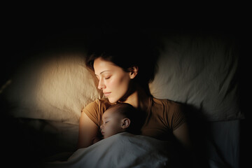 Mother and baby resting together in bed, sharing serene moment of warmth and comfort under soft lighting