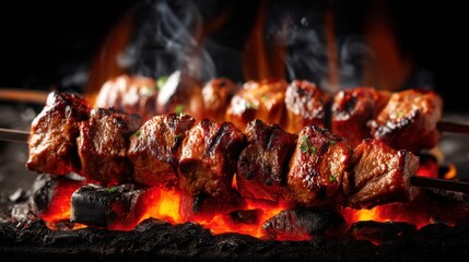 Juicy meat skewers are grilling over hot coals. Flames rise as the aroma of cooking fills the air. This is a common scene at outdoor barbecues.
