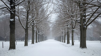 A serene winter landscape with snow-covered trees lining a pathway in a tranquil forest setting viewed from a straight-on perspective.