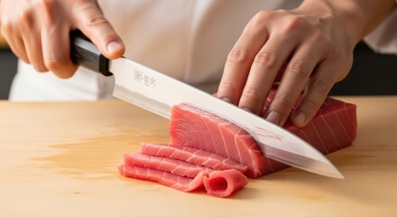 A chef artfully slicing fresh sashimi with a long, sharp knife, the translucent fish falling into perfect slices, captured with a single, precise motion.
