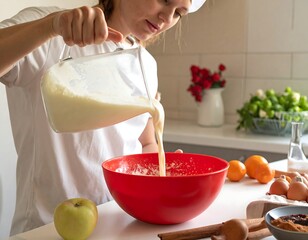 Woman Baking - Pouring Milk into Bowl for Homemade Cake.