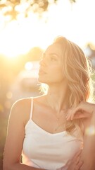 Woman bathed in golden sunlight, lost in thought.