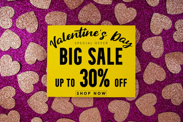 Valentine's Big Sale 30% off with pink heart on pink glitter background