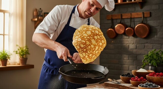 A chef skillfully flipping a large Dutch pancake (pannenkoek) in a cast iron pan, the motion captured with dynamic blur against a cozy kitchen background.