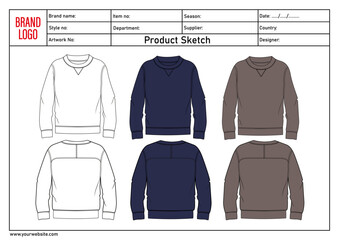 Long sleeve sweatshirt technical drawing fashion flat sketch vector illustration template front and back