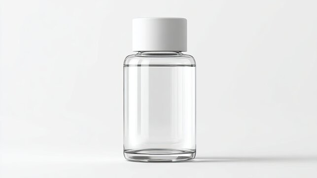 short wide transparent toner bottle, clean white cap attached, stable minimalist design