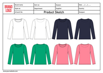 Long Sleeve multicolor t shirt vector illustration template for ladies