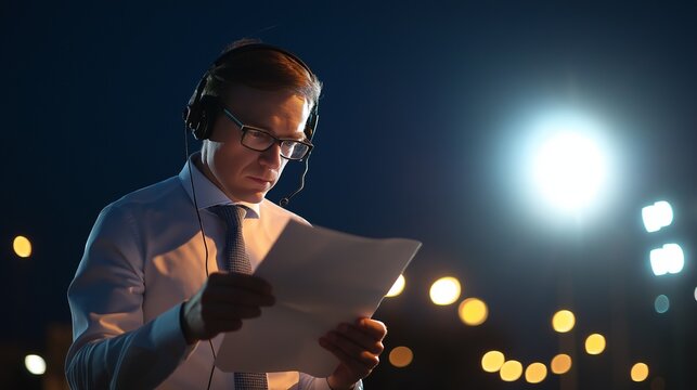 Radio journalist reading breaking news script, blurred background with copy space. Media, broadcasting, journalism, news report, professional communication concept