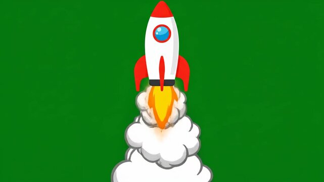 A cartoon rocket launching upwards with a trail of smoke and flames against a solid green background with a bold color scheme.