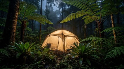 Serene nighttime camping scene illuminated tent in lush tropical rainforest