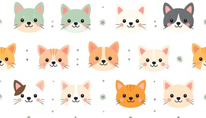 Fototapeta premium Adorable Cartoon Cat Faces in Various Colors on a White Background Pattern