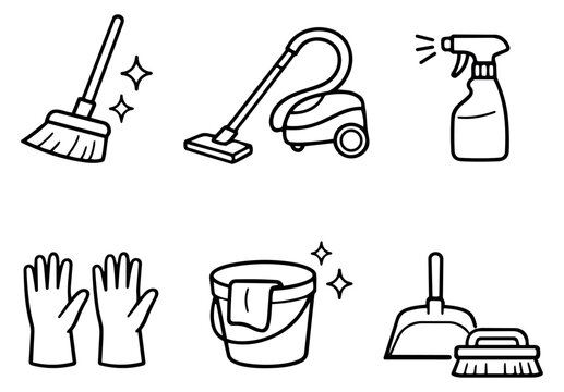 Hand drawn line art cleaning tools set featuring essential household equipment for domestic cleaning