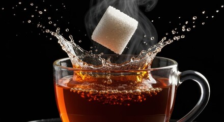 A cube plunging into a tea-filled cup, creating a splash, steam rising
