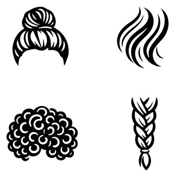 Minimalist line art hair styles set featuring a bun, wavy hair, curly afro, and a braid for beauty and fashion concepts