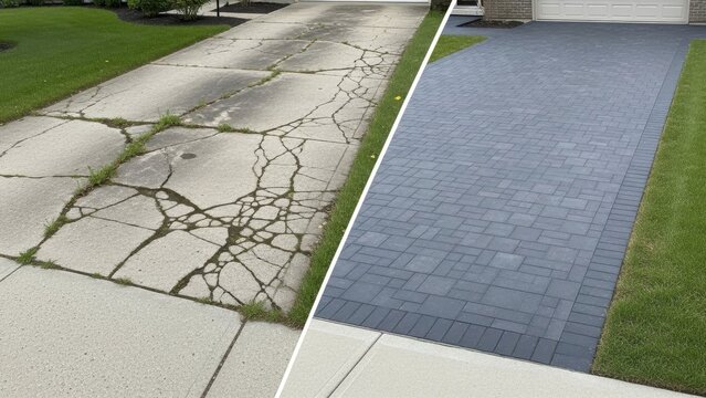 Comparison of outdated cracked driveway versus modern new paved driveway