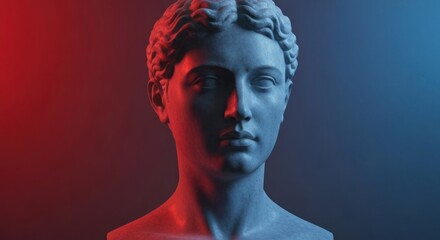 Stone bust of a serene face, bathed in vibrant red and blue light