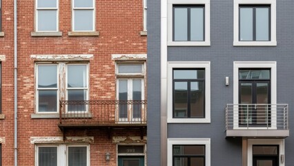 Fototapeta premium Contrasting Building Facades Showing Old Brick and New Modern Architectural