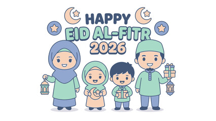 Fototapeta premium Happy Eid Al Fitr 2026 Celebration with Cartoon Family.