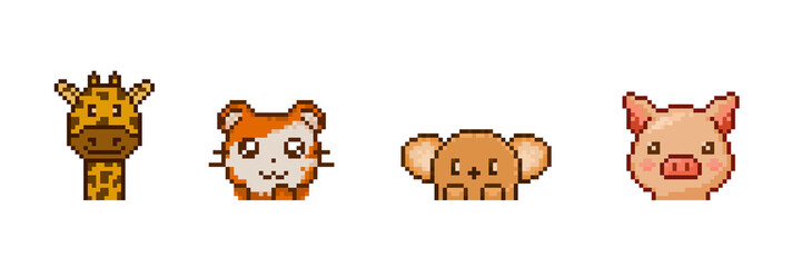 A horizontal banner of pixel art animal heads or avatars, including a pig, rabbit, giraffe, and penguin. This cute retro 8-bit sprite pack is ideal for game character selection