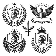 Obraz premium elegant laurel wreaths, shields, wings, and ribbon vector set.black-and-white vector pack of wreaths, shields, banners, and wings .Collection of six heraldic emblems with shields laurels helmet.