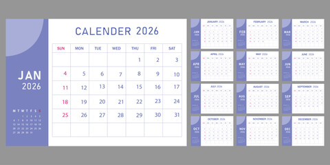 2026 calendar template. Corporate and business planner diary. The week starts on Sunday. Set of 12 months of pages