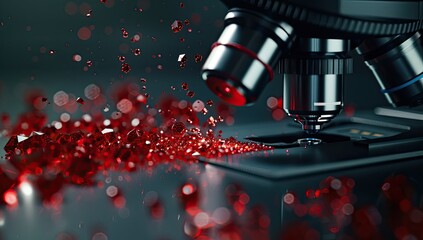 A close-up view of a microscope with a red, crystalline substance scattered around its base
