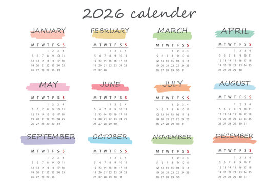 A modern 2026 full-year calendar template featuring pastel watercolor brushstrokes and handwritten calligraphy. The layout is perfect for a printable wall planner or desk scheduler