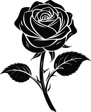 Single Long Stem Rose Silhouette With Detailed Petals And Leaves