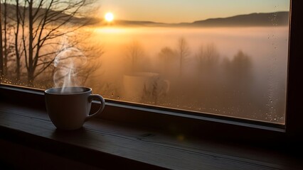 Steaming Coffee Cup on a Misty Morning Window Sill with Sunrise Golden Hour Light