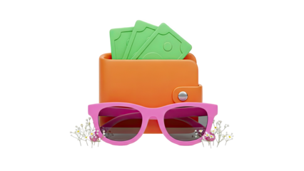 Orange Wallet with Cash, Pink Sunglasses, and Flowers