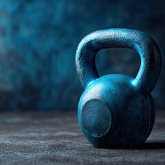 A blue kettlebell rests on a weathered wooden surface, illuminated by dramatic lighting, creating a moody and intense atmosphere.