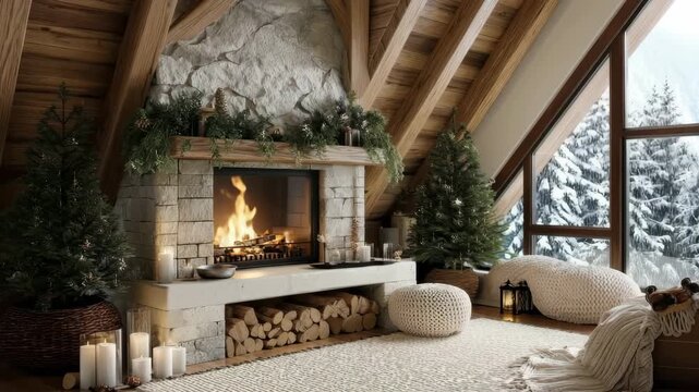 Cozy rustic living room with fireplace burning