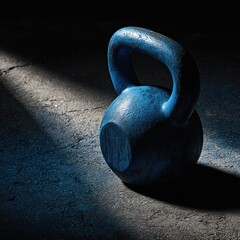 A blue kettlebell rests on a textured concrete floor, illuminated by a dramatic spotlight creating a strong shadow.
