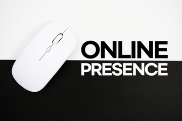 Online Presence text and wireless mouse on white and black background