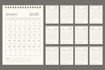 Clean and simple 2026 calendar design. 2026 monthly calendar template for company. Daily planner calendar template