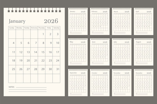 Clean and simple 2026 calendar design. 2026 monthly calendar template for company. Daily planner calendar template