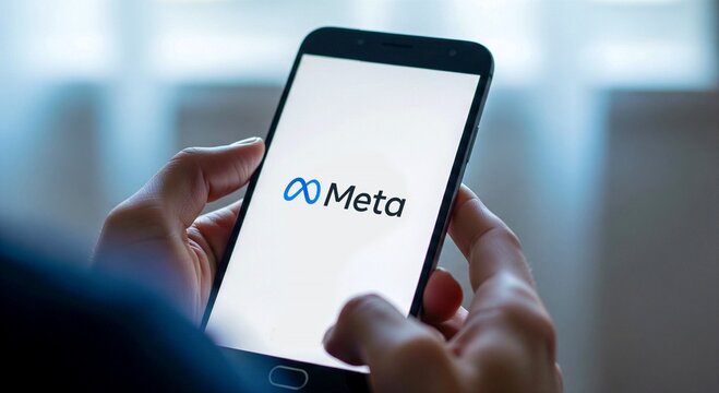 Hands holding smartphone with Meta logo on screen
