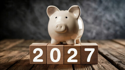 2027 savings and retirement concept with piggy bank standing on wooden blocks, financial planning for the future, money management, wealth growth, stability and long term investment strategy