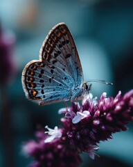 A vibrant blue butterfly delicately perches on a cluster of deep purple flowers, creating a serene and detailed macro shot.