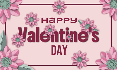 Soft pink background with layered paper-cut flowers and leaves framing bold Happy Valentine&rsquo;s Day typography, elegant and romantic for greeting cards, posters, banners, invitations, and social media.