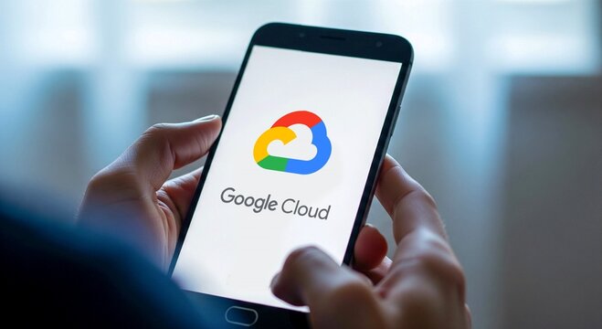 Hands holding smartphone with Google Cloud app on screen