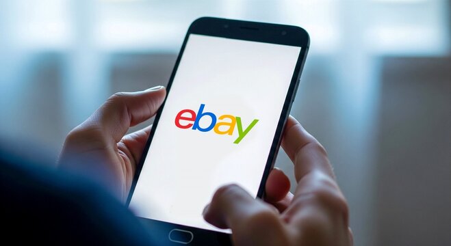 Hands holding smartphone with eBay logo on screen