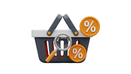 Shopping Basket with Magnifying Glass and Percentage Symbols