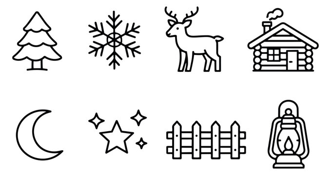 Line art winter and night nature symbols set featuring a christmas tree, snowflake, deer, log cabin, moon, stars, fence, and lantern for seasonal graphic design