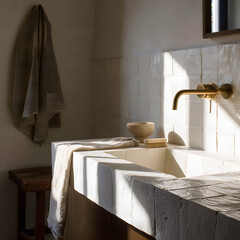 Serene sun-drenched bathroom showcasing a textured tile sink, elegant brass faucet, and organic textile details