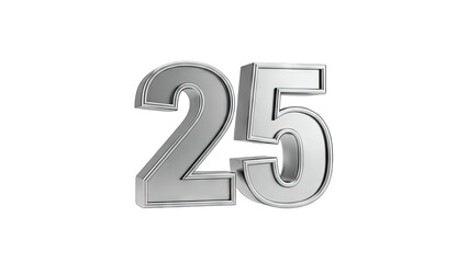 3D Number 25 Silver Metallic 3D Render Isolated on transparent background