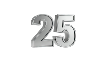 3D Number 25 Silver Metallic 3D Render Isolated on transparent background