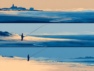 Serene coastal triptych Fisherman casting lines at dawn, with a distant lighthouse overseeing peaceful waters
