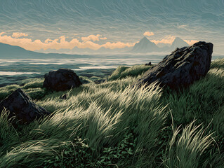 Vibrant green grasses sway gently across a rugged, windswept mountain landscape under a grand, cloud-streaked blue sky