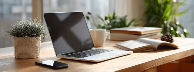 A cozy workspace features a laptop, mug, and books illuminated by natural light streaming through a window, creating a serene and productive atmosphere.